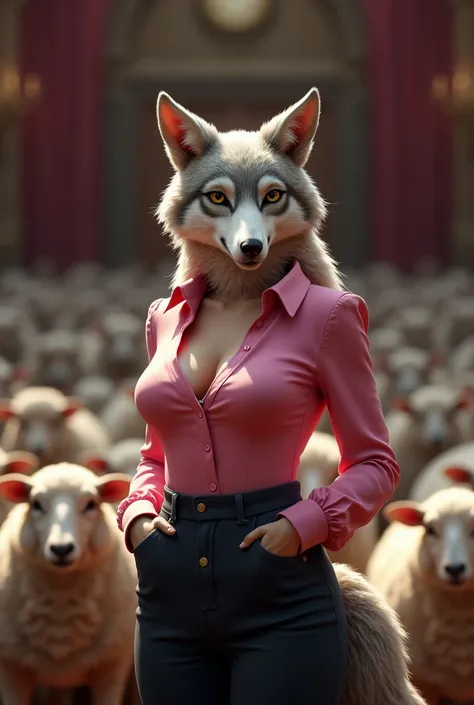 A sexy, not-thin animal wolf dressed in sober pink with a blouse up to the neck,with a sensual look, Speaking in front of an audience of sheep as an election candidate 