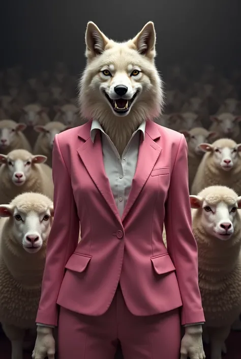 A sexy animal wolf of medium build dressed in pink soberly with a blouse up to the neck,with a haughty look and a malicious smile, Speaking in front of an audience of sheep as an election candidate 