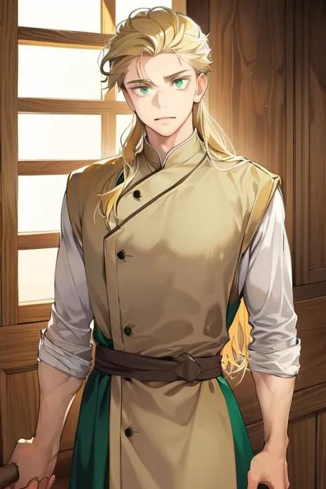 handsome masculine man, green eyes, ash blond hair, shoulder length long hair, green medieval noble clothes, light skin