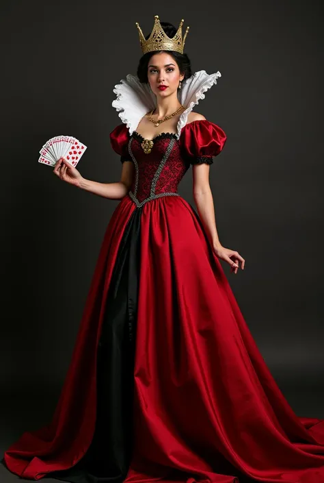 Queen wearing a red and black dress and holding a deck of cards in her left hand. Let her see herself from the waist up



