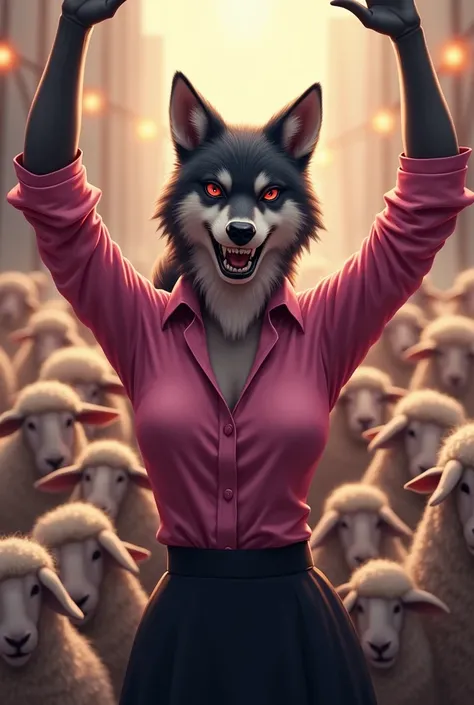 A sexy animal wolf of medium build dressed in pink soberly with a blouse up to the neck,with a haughty look and a malicious smile, Speaking in front of an audience of sheep who cheer her on, with arms raised to the sky as a candidate for elections 