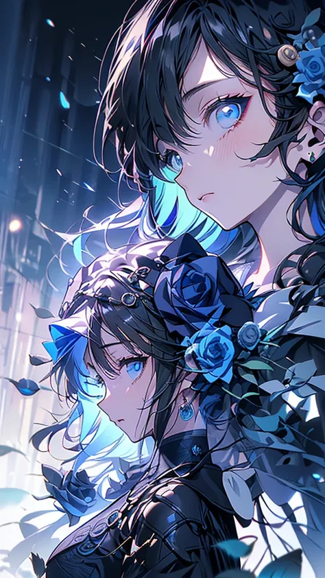 masterpiece、20 year old girl、Black Hair、Long Hair、Blue eyes、Black suit、(((many Blue Rose)))、Rose Background、Upper Body、profile