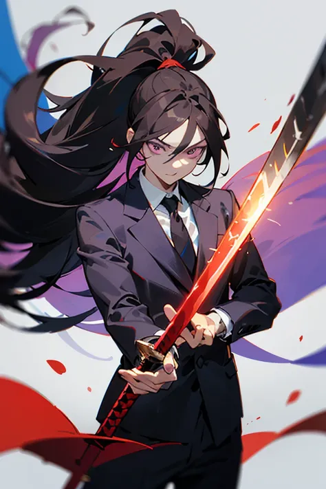 ((melhor qualidade)), ((obra de arte)), (detalhado), Male, dark hair, long hair, ponytail, holding red Sword, wearing Suit, purple eyes