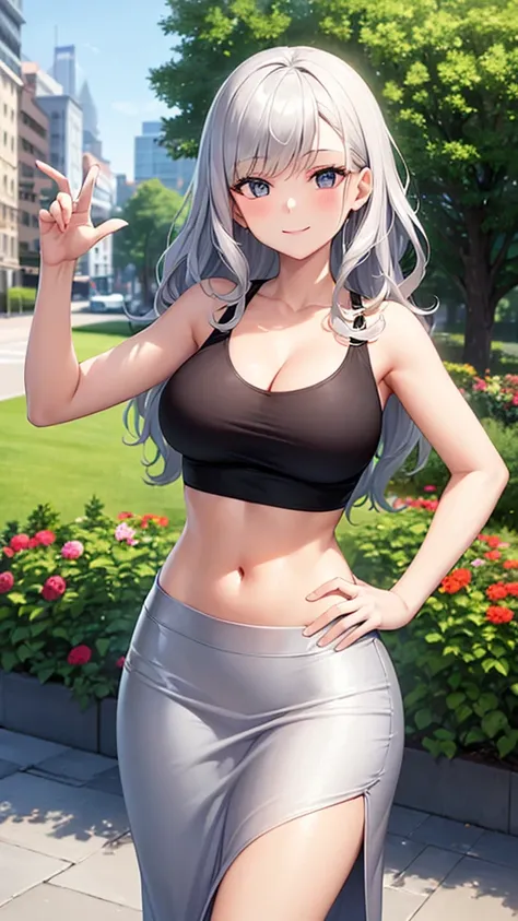 masterpiece, best quality, 1girl, beautiful woman, wavy hair, silver hair, black crop top t-shirt, cleavage, midi pencil skirt, gray metallic skirt, long skirt:1.1, light smile, slim body, collarbone, midriff, raised hip, hand on own hip, city, garden, sid...