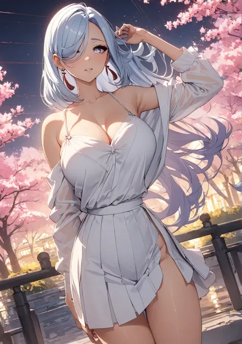 Anime Style, Ultra-fine illustrations, Very detailedな, Dynamic Angle, Beautiful details, 8k, On a Spring Night, Cherry blossom tree illuminated by city lights々is quietly shining. Break A woman stops, I was fascinated by the beautiful scenery, Watching the ...