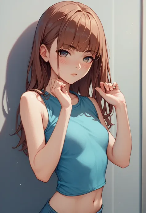 NSFW,glamorous, Long brown hair, fringe, quite small breasts, skinny, thin and small build, skin very white, blush, looking at the viewer, blue fitted sleeveless t-shirt, anime
