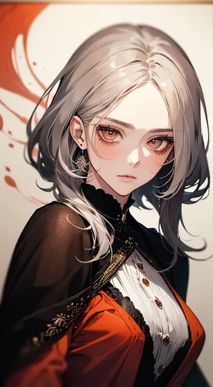 A painting of a woman  gray hair black and an orange top, stunning anime face portrait, beautiful character painting, beautiful anime portrait, her image is rendered by red paint, presenting a stunning effect. The painting is very detailed, depicting women...