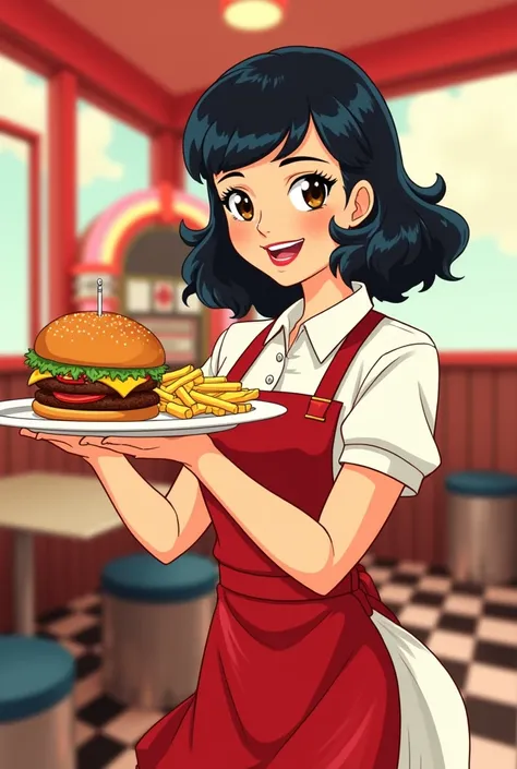 Create a retro vintage waitress woman with black hair and bangs, holding a tray with burger and fries, in red and white colors, cartoon style drawing 