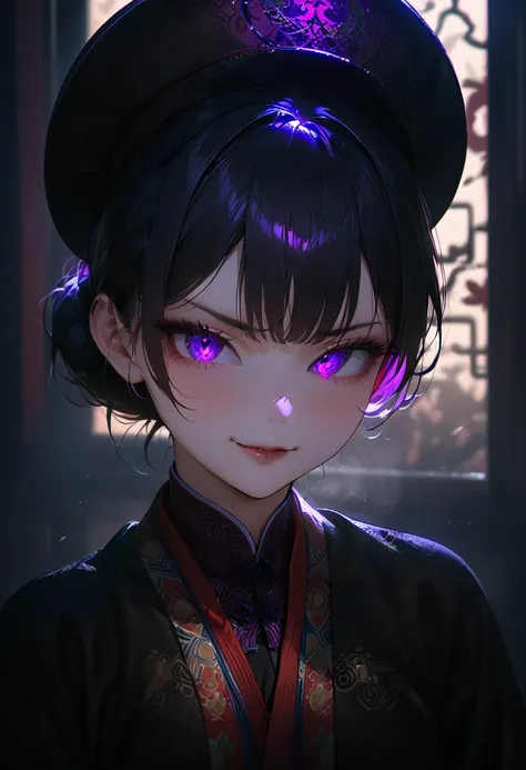 (masterpiece, best quality:1.2), super detailed, portrait, 1girl, solo, beautiful face, short black hair glowing purple eyes, de...