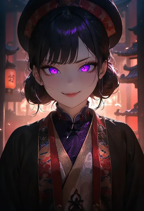 (masterpiece, best quality:1.2), super detailed, portrait, 1girl, solo, beautiful face, short black hair glowing purple eyes, de...