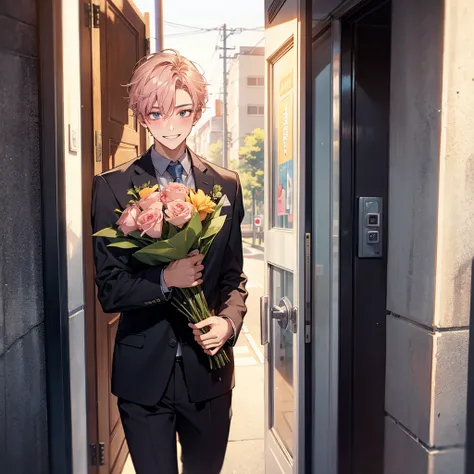 young guy, smiling, giving a bouquet of flowers, blushing, graduated student, street background, POV you are opening the door to him