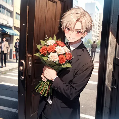 young guy, smiling, giving a bouquet of flowers, blushing, graduated student, street background, POV you are opening the door to him