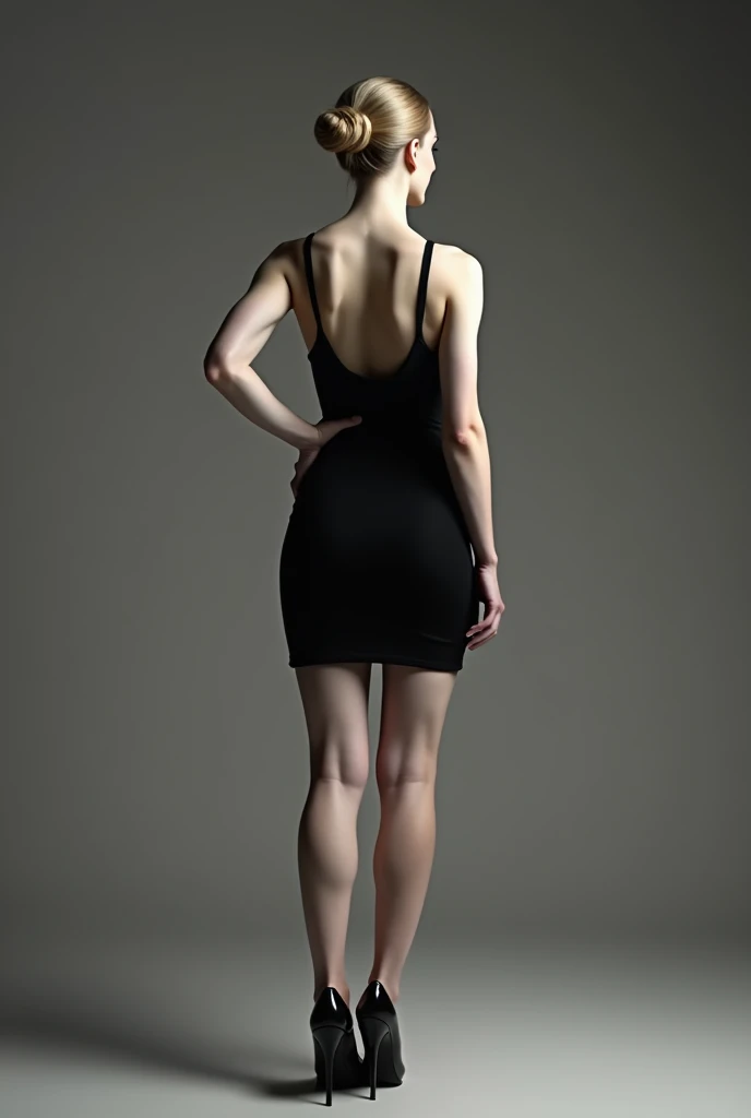 rear shot of woman with huge muscular calves, wearing a black dress and black high heels, pale skin complexion