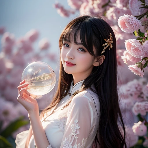 best quality, Delicate face，beautiful visual work, lifelike,  eternity, black hair, Long curly hair, blunt bangs, Smile, Detailed Background,  Delicate face，pink blush，cold，((masterpiece))、(top quality)、8k、high detail、Super detailed，21 years old female，Wea...