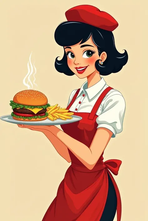 Create a retro vintage waitress woman with black hair and bangs, holding a tray with burger and fries, in red and white colors, retro vintage cartoon style drawing 