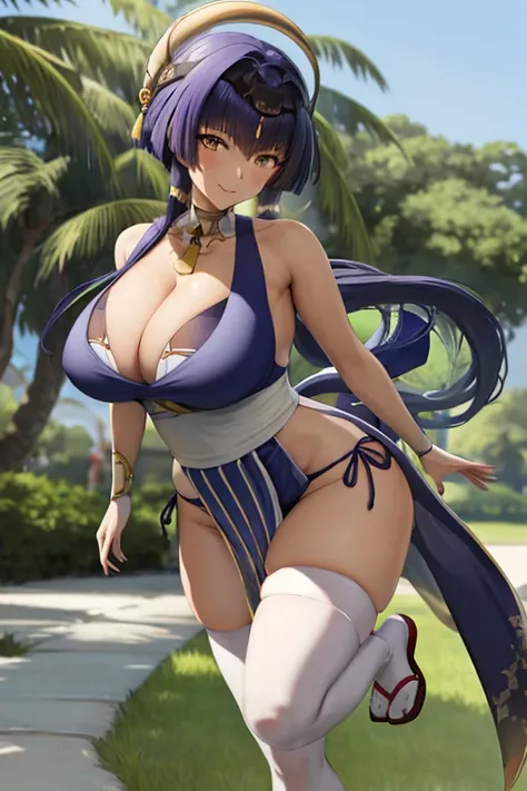 masterpiece, best quality, beautiful art, high resolution, well formed hands, body and fingers, 1 woman, solo, Candace, 31 years old, hair ornament,  adult, grown up, big breasted, cleavage,  full body, braided long hair, blue_japanese_clothes, wearing DOA...