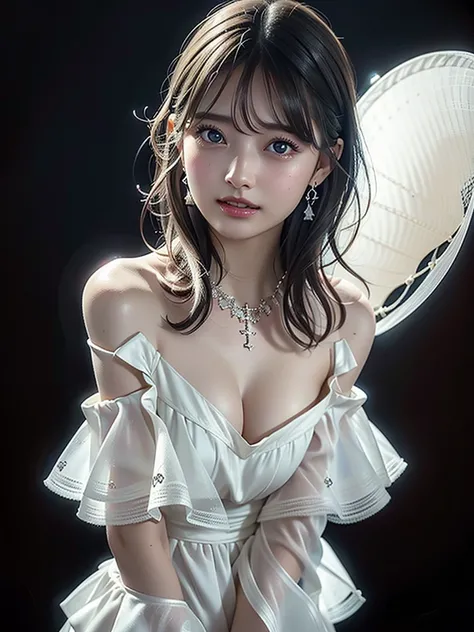 8k,Confused, High resolution, Very detailed, 1 girl, alone, Very beautiful eyes, Ultra-precise depiction, artistic、Very detailed depiction, (Tangled:1.2), , (White high key background:1.5), (((Red off-shoulder dress 1.5))), 、 short hair、Earrings and Neckla...