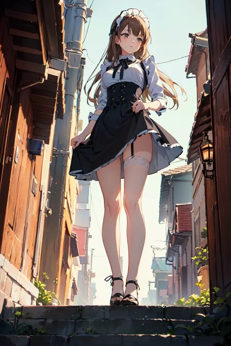 (Best Quality),(masterpiece),(ultra detailed),(high detailed),(extremely detailed),beautiful anime illustrations,style of a pretty maiden, Long hair, medium breasts, light brown hair, Maid, young model, symmetrical,character concept art, (Whole body: 1.43)...