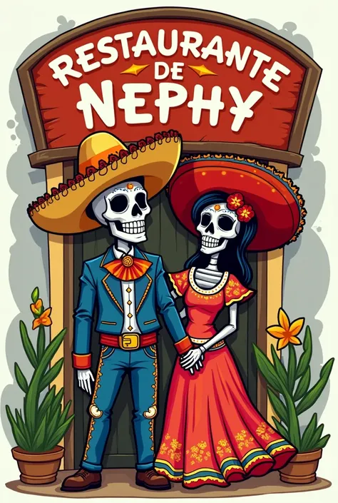 generate a logo for a restaurant chain, including elements such as skull boy and girl couple, wearing brightly colored mariachi costumes, smiling, Mexican Day of the Dead cartoon style with a sign above them saying Restaurante de Nephy