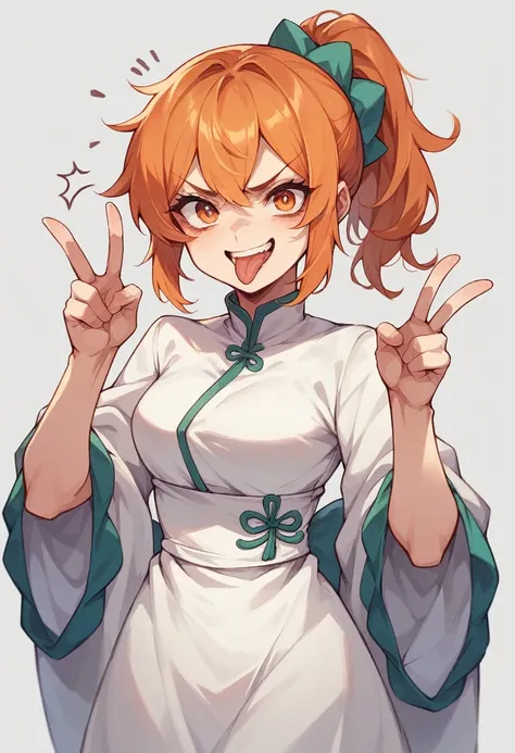 Tsundere ponytail Japanese beauty with orange hair Wearing a white dress The dress has the word METAPLANET printed all over it as a pattern Making a double peace sign Winking Sticking out her tongue Smiling big