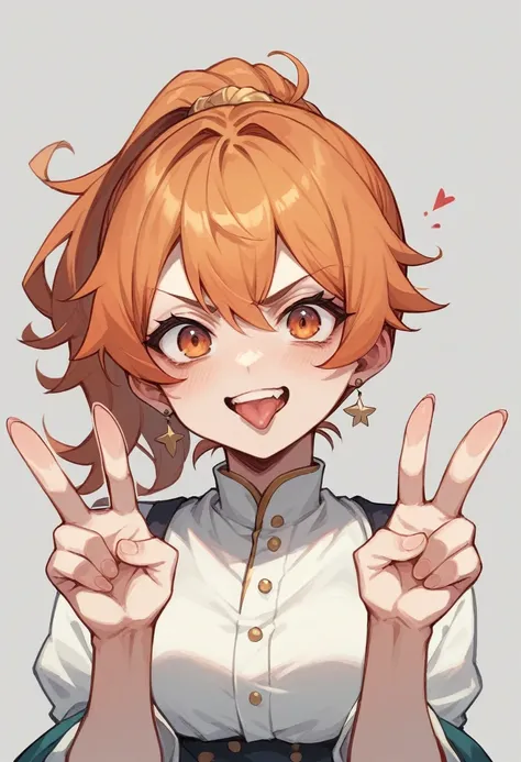 Tsundere ponytail Japanese beauty with orange hair Wearing a white dress The dress has the word METAPLANET printed all over it as a pattern Making a double peace sign Winking Sticking out her tongue Smiling big