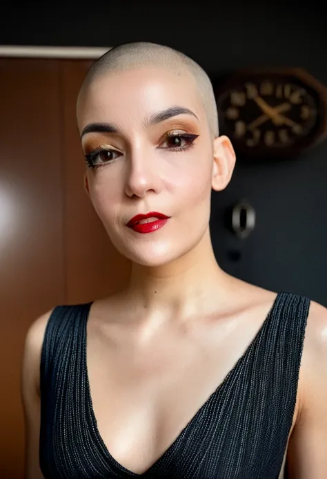 22 yrs Beautiful woman, short bald fade hair, right side hair part, ((bald fade)), Flowing sleeveless Dress, (close-up, editorial photograph), [[Wide-angle photo]], (background inside dark, moody, private study:1.3), full body portrait, by lee jeffries, ni...