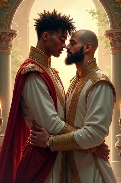 Two boys dressed as princes kissing . with the following characteristics. a bearded bald man 1.59 tall Other shaved afro hair 1.83 tall light brown 