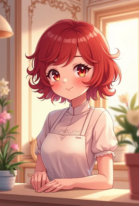 Manicurist girl in beauty salon, short curly red hair,  White skin, chubby girl, anime drawing