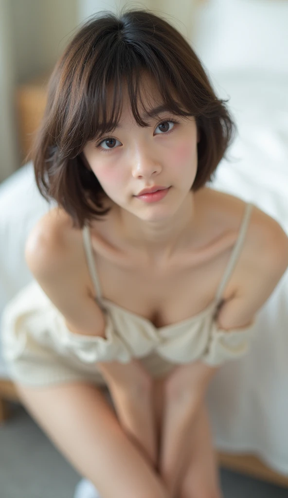 short hair、Very beautiful 14 year old cute girl、Sexy and very beautiful、Very cute face，extremely beautiful、White strapless vest、miniskirt、Knee socks、Lean forward、Pout your hips