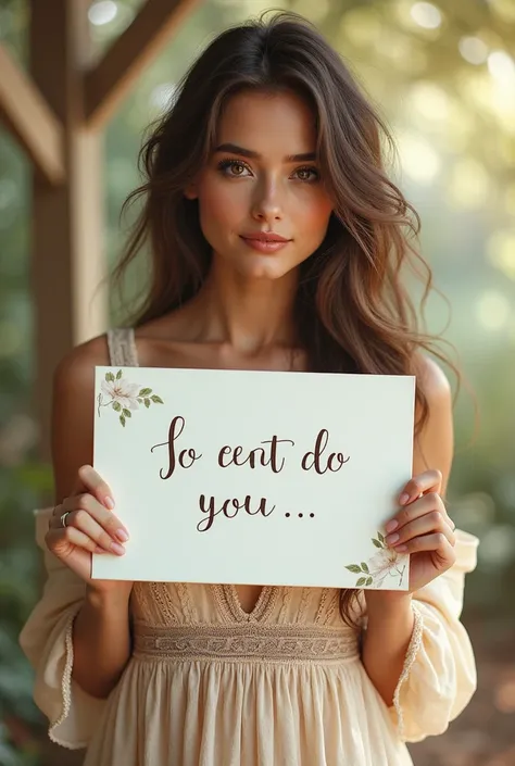 Beautiful girl with wavy long hair, bohemian dress, holding a white board with text "I Love Seaart Infinity" and showing it to the viewer