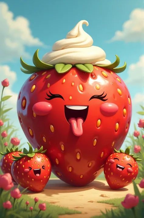 A big strawberry with a little cream and lots of laughing strawberries with their tongues sticking out