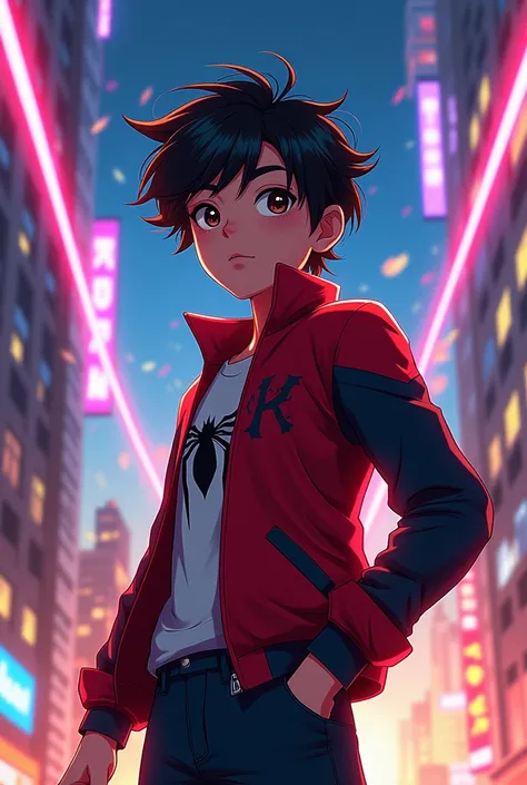 A 16 year old boy in the style of Miles Morales anime version 