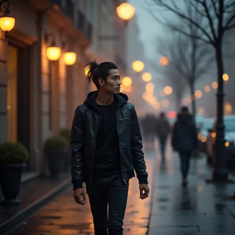 Young skinny asian man with pulled back hair, wearing black tshirt, leather jacket with hoodie, black jeans and white sneakers. Walking on sidewalk, dramatical street lamp light, with misterious misty cityscape, other Pedestrian is walk by at the distance....