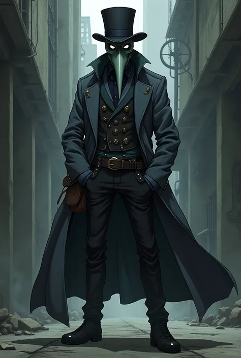 A strong young man, black clothing, gray overcoat, plague doctor mask, a medicine bag and a black top hat. In steampunk anime style 