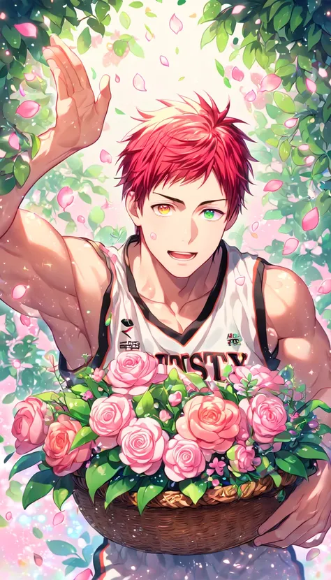 Ultra detailed, HDR, Highres, absurdres, master piece, Akashi Seijuro, bright red hair, short bangs, heterochromia, expressive red right eye, left orange eye, white basketball uniform, Kuroko No Basket, sexy man, handsome, pink flowers, petals, fantasy, ma...