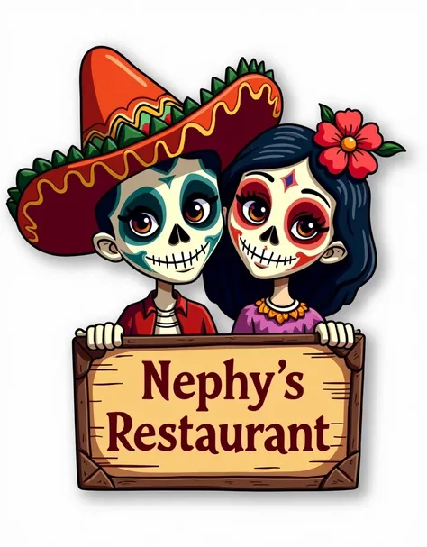 Generate a cartoon-style logo with the head of a skull boy and a skull girl with a mariachi hat with a mariachi flower, and a sign that says Nephys Restaurant, the transparent background, in the style of the Disney movie Coco