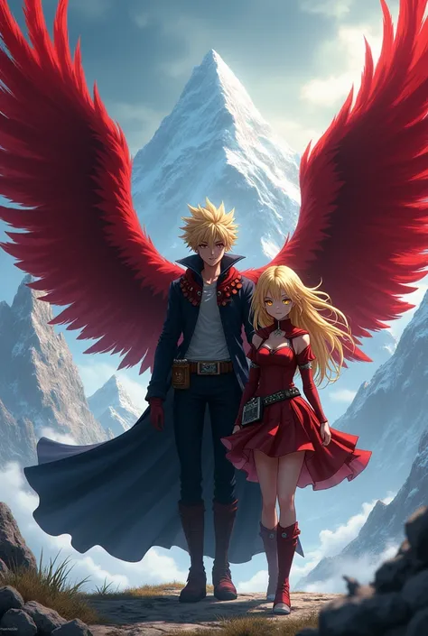 My Hero Academia Shoto Todoroki next to a blonde girl with yellow eyes and red wings