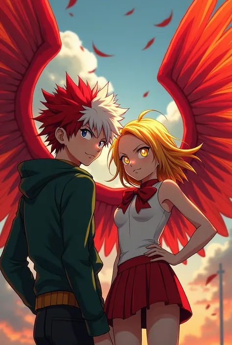 My Hero Academia a boy with half white hair, half red and next to a blonde girl with yellow eyes and red wings