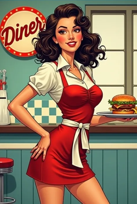 Create a retro vintage waitress woman with dark brown wavy hair, with dark brown eyes, holding a tray with burger and fries, dressed in red and white skates, with a cool pose, 50s retro vintage style drawing, with logo.