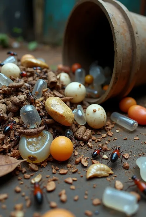 Realistic macro image of a pile of rotten garbage, with leftover food, dry leaves, cockroaches, ants, worms, plastic bottles, plastic scraps, flies, and an old wooden trash can on the side. The floor is full of dirt.