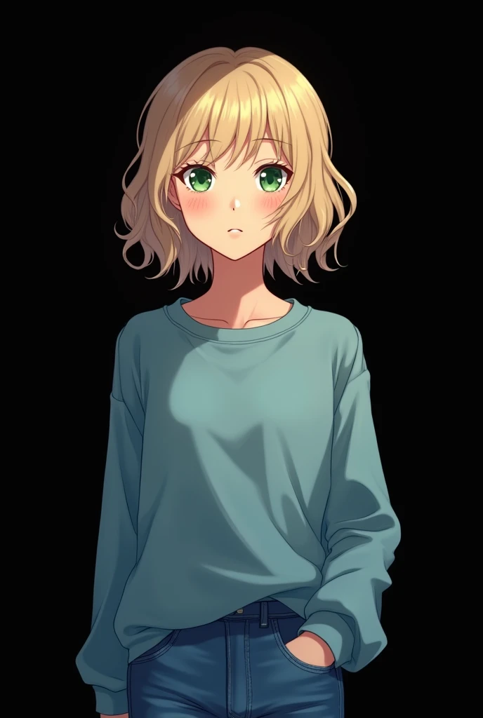 A 19-year-old woman with fair skin, wavy blond hair and (green eyes). She has an (oval face), is of average height and has a slender body. ((She is wearing a blue and wide blue sweatshirt and jeans.)) {{model style: anime}}, {{blacl background.}}