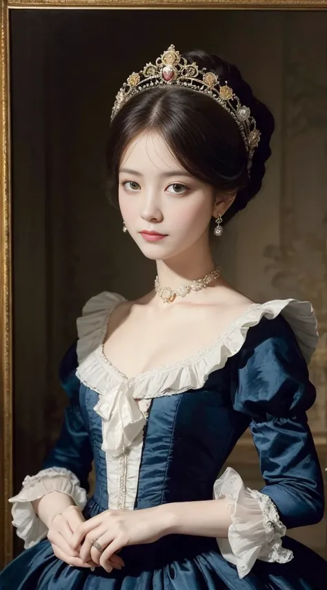 oil、Highest quality、masterpiece、One girl、Dresses from the Belle Époque era、Lady、French cityscape、Woman in blue dress, Rococo Queen, rococo style portrait, Exquisite and aristocratic, Aristocratic appearance, Renaissance style, victorian aristocracy, Rococo...