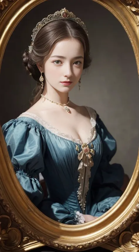 oil、Highest quality、masterpiece、One girl、Dresses from the Belle Époque era、Lady、French cityscape、Woman in blue dress, Rococo Queen, rococo style portrait, Exquisite and aristocratic, Aristocratic appearance, Renaissance style, victorian aristocracy, Rococo...