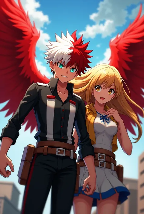 My Hero Academia a boy with short straight half white hair, half red and next to a blonde girl with yellow eyes and red wings