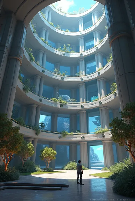 A modern round building with infinite floors that contains many doors and that in some doors are open and universes are visualized that for each floor each door leads to a different dimension on the side contains an elevator and this has different descent ...