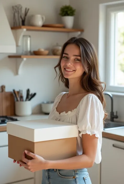 beautiful Europe girl beautiful hold box in white kitchen realistic