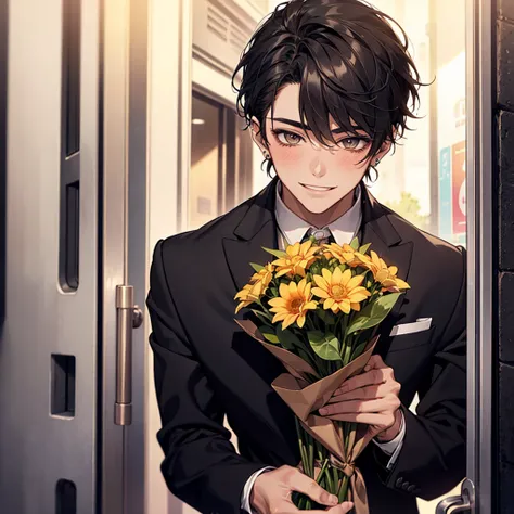 young guy, smiling, giving a bouquet of flowers, blushing, street background, POV you are opening the door to him, handsome, almond eyes, black hair, piercings