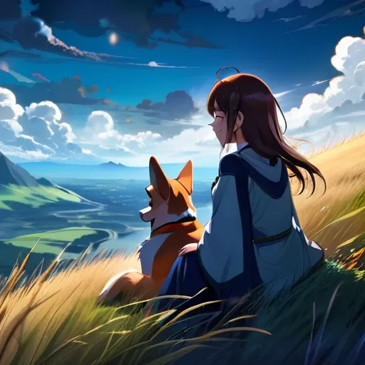 Requiem anime landscape of a girl＆cute corgidog sitting on a hill with grasses with dark blue clouds, blue cere madder sky  lightly big bell   with few clouds, anime nature wallpapers, beautiful anime scene, beautiful anime peace scene, Makoto Shinkai Cyri...