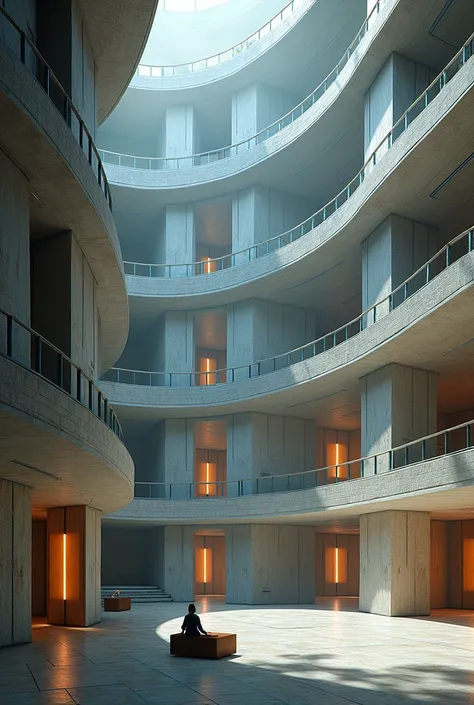 A modern round building with infinite floors that contains many doors, some of which are open and universes are visualized, with each door leading to a different dimension on each floor. On the side there is an elevator and it has different descent positio...