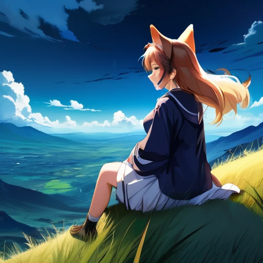 Requiem anime landscape of a girl＆cute corgidog sitting on a hill with grasses with dark blue clouds, blue cere madder sky  lightly big bell   with few clouds, anime nature wallpapers, beautiful anime scene, beautiful anime peace scene, Makoto Shinkai Cyri...